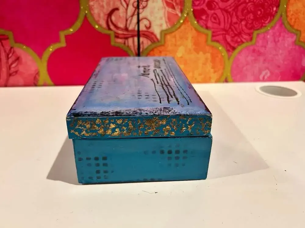 Hand Painted Blue and Purple Wooden Keepsake Box with Remote Access Calligraphy